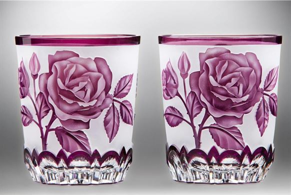 Purple crystal glasses with rose flower engravings