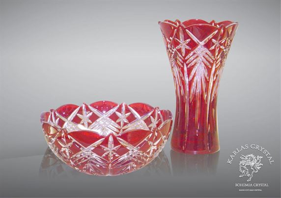 Red cut crystal vase and bowl with diamond patterns